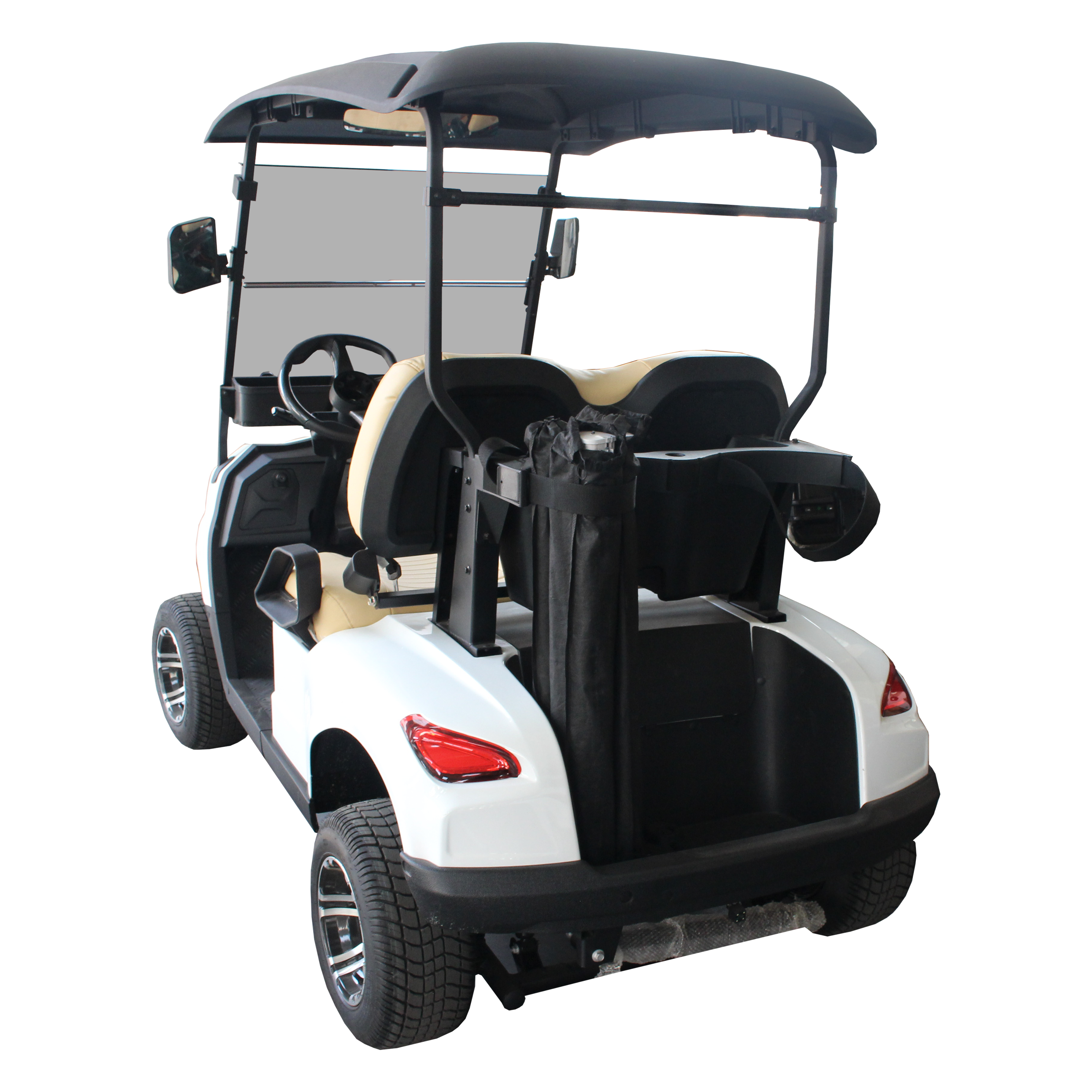 White 2-seater electric golf cart with black canopy on a white background