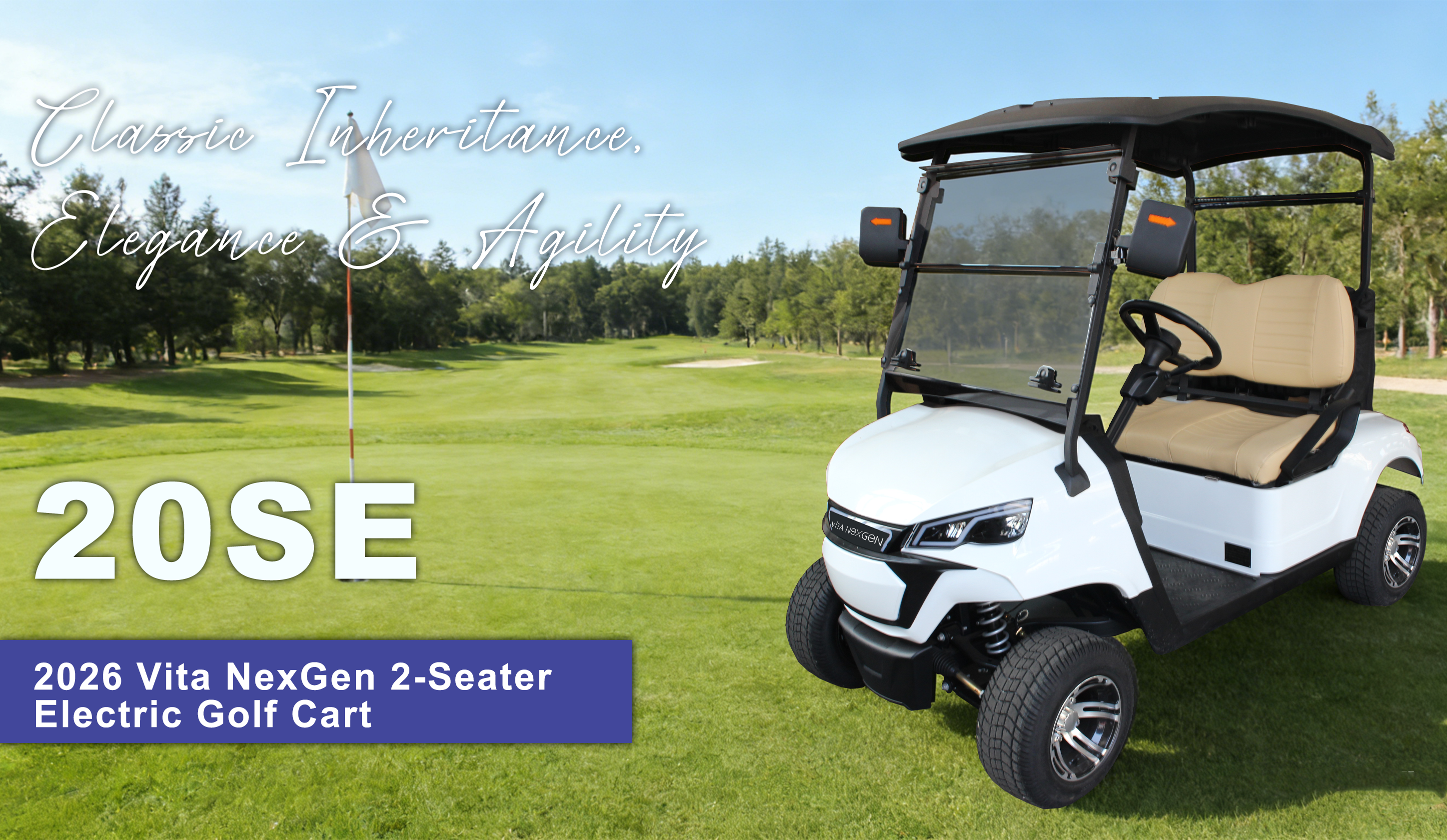 Vita nexgen 2-seater electric golf cart on a golf course with text highlighting features and model number.