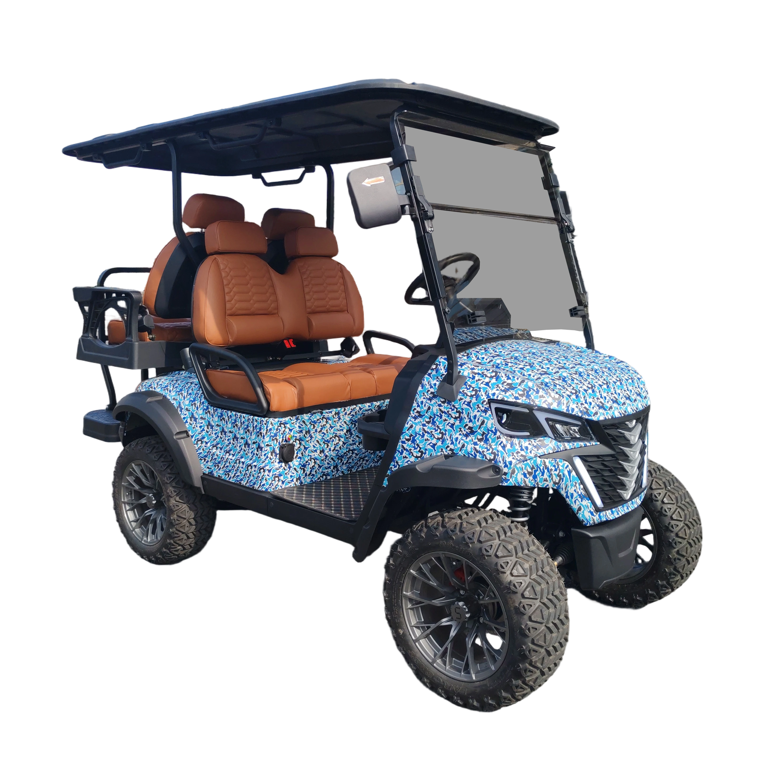 Vita NexGen lifted electric golf cart with blue pattern and brown seats on a white background, 4 seats
