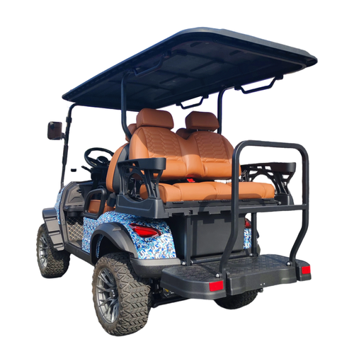 Golf cart with bronze seats and a blue camouflage pattern on a white background