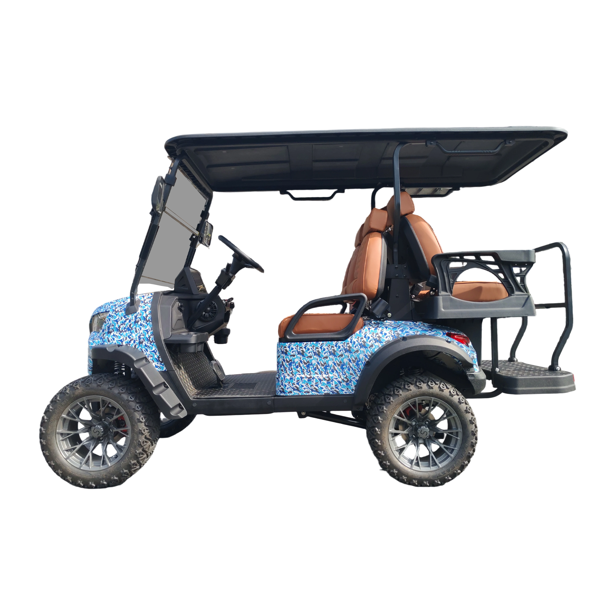 4-seater electric golf cart with blue pattern on a white background