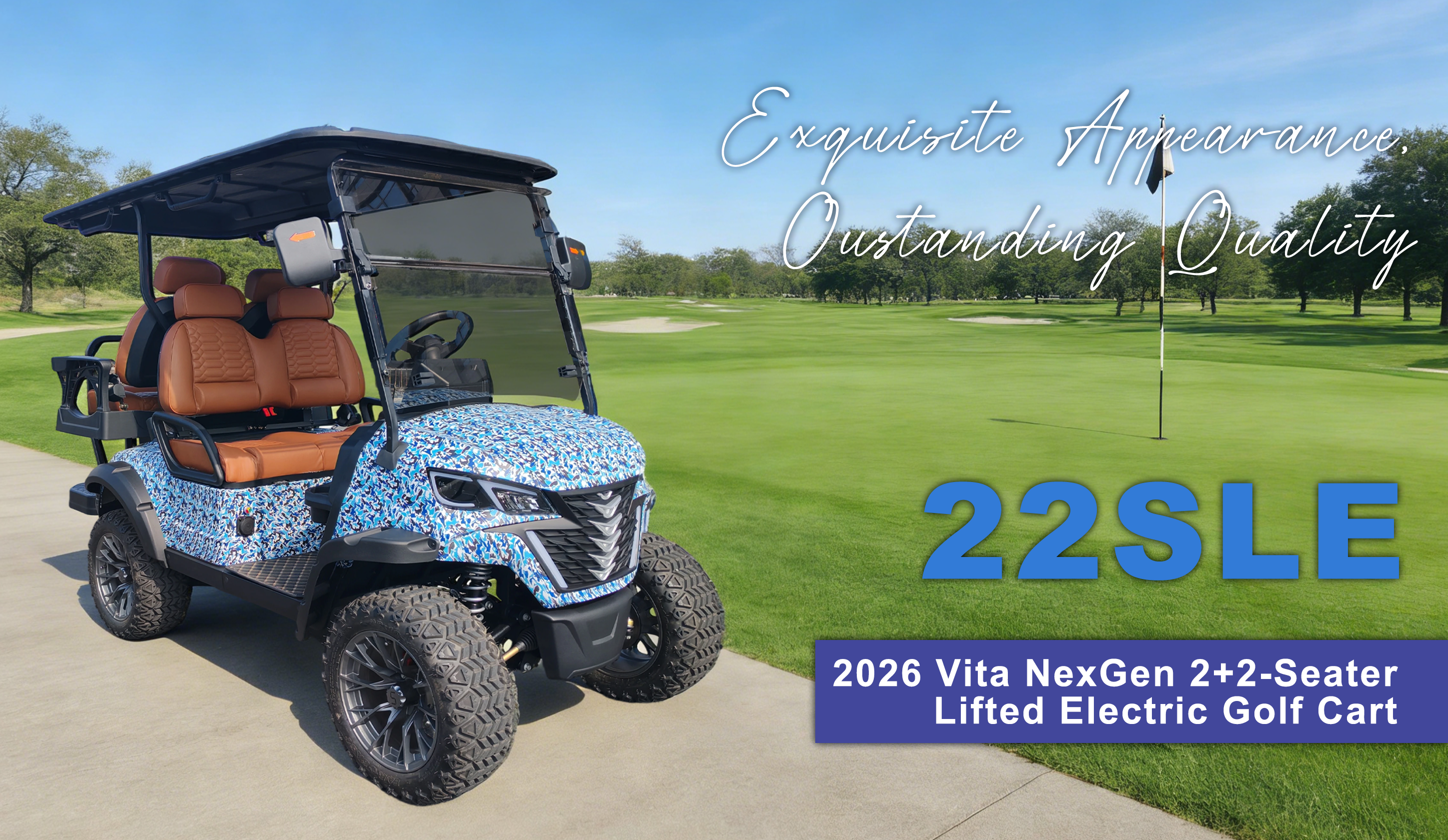 vita nexgen 2+2-seater lifted electric golf cart in a golf course